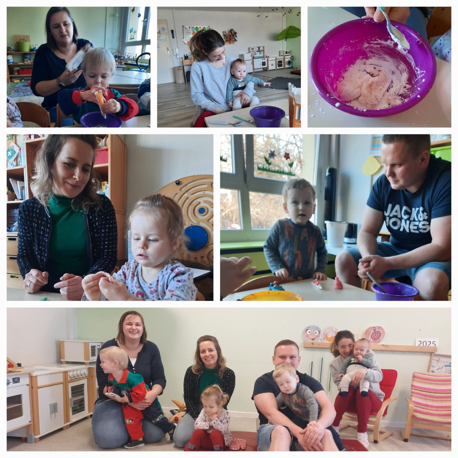 Eine Collage auf der die Eltern mit ihren Kindern ihre eigene Knete herstellen.