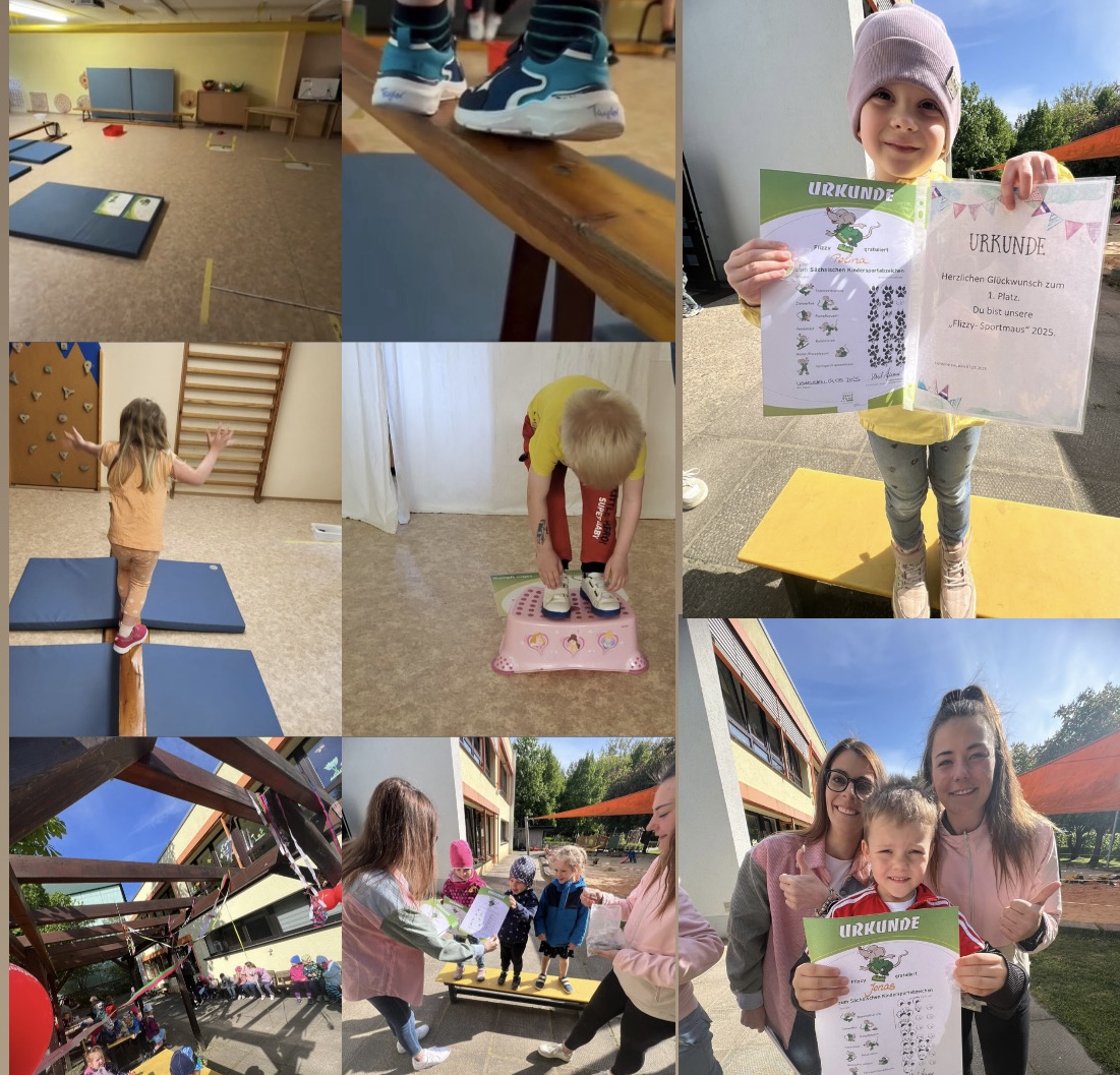 Collage von Bildern während der Flizzy-Abnahme. Kinder halten ihre Urkunde in der Hand und werden bei verschiedenen Sportübungen gezeigt