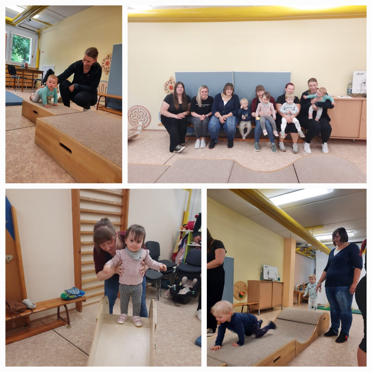 Collage von Bildern bei denen Eltern mit ihren Kleinkindern über Hindernisse "klettern" und in bewegung spielen.