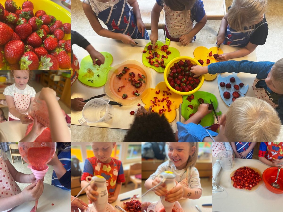 Kinder zerkleinern Erdbeeren, mixen diese und bekommen dadurch köstliches Erdbeereis