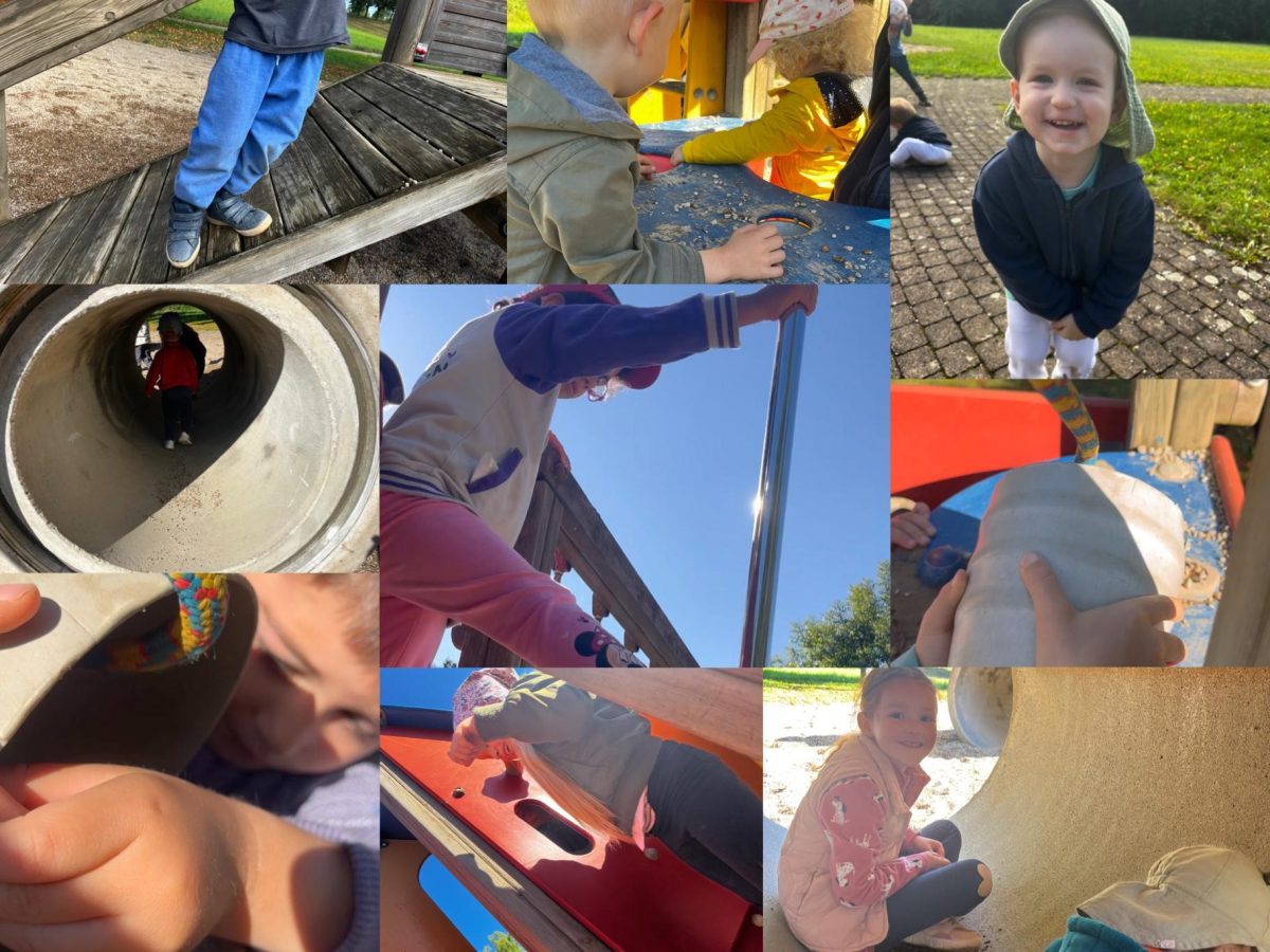 Collage. Unsere Kinder erkunden den Uhligspielplatz. Sitzen in Spielröhren und haben jede menge spaß.