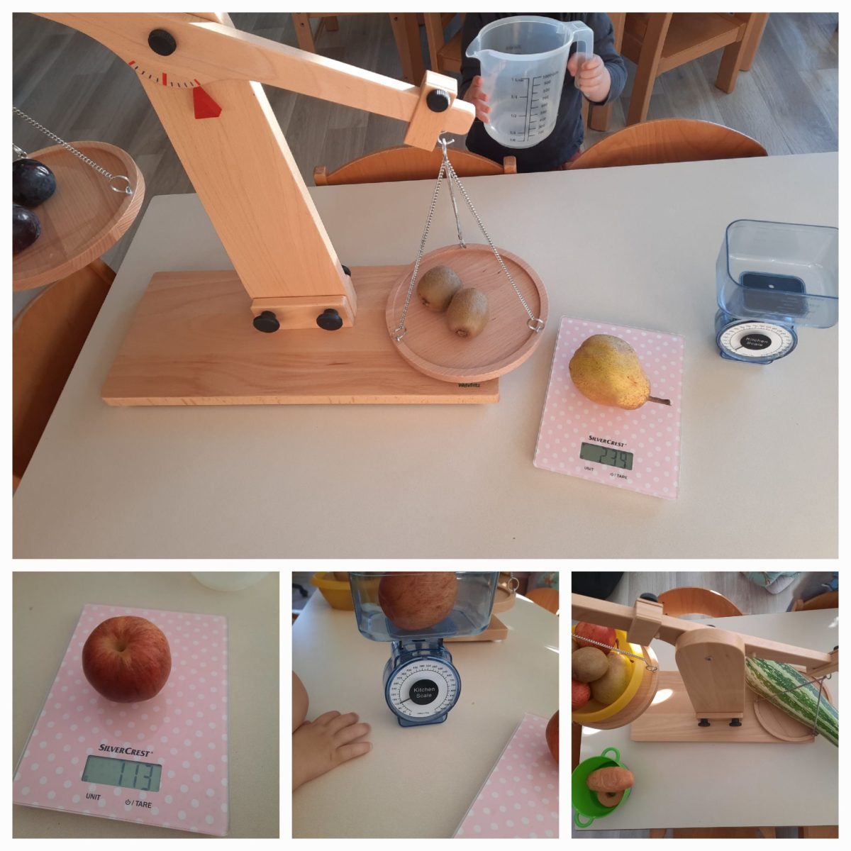 Collage. Verschiedene Messgeräte wie ein Holz-Balkenwaage kommen zum einsatz oder ein Messbecher.