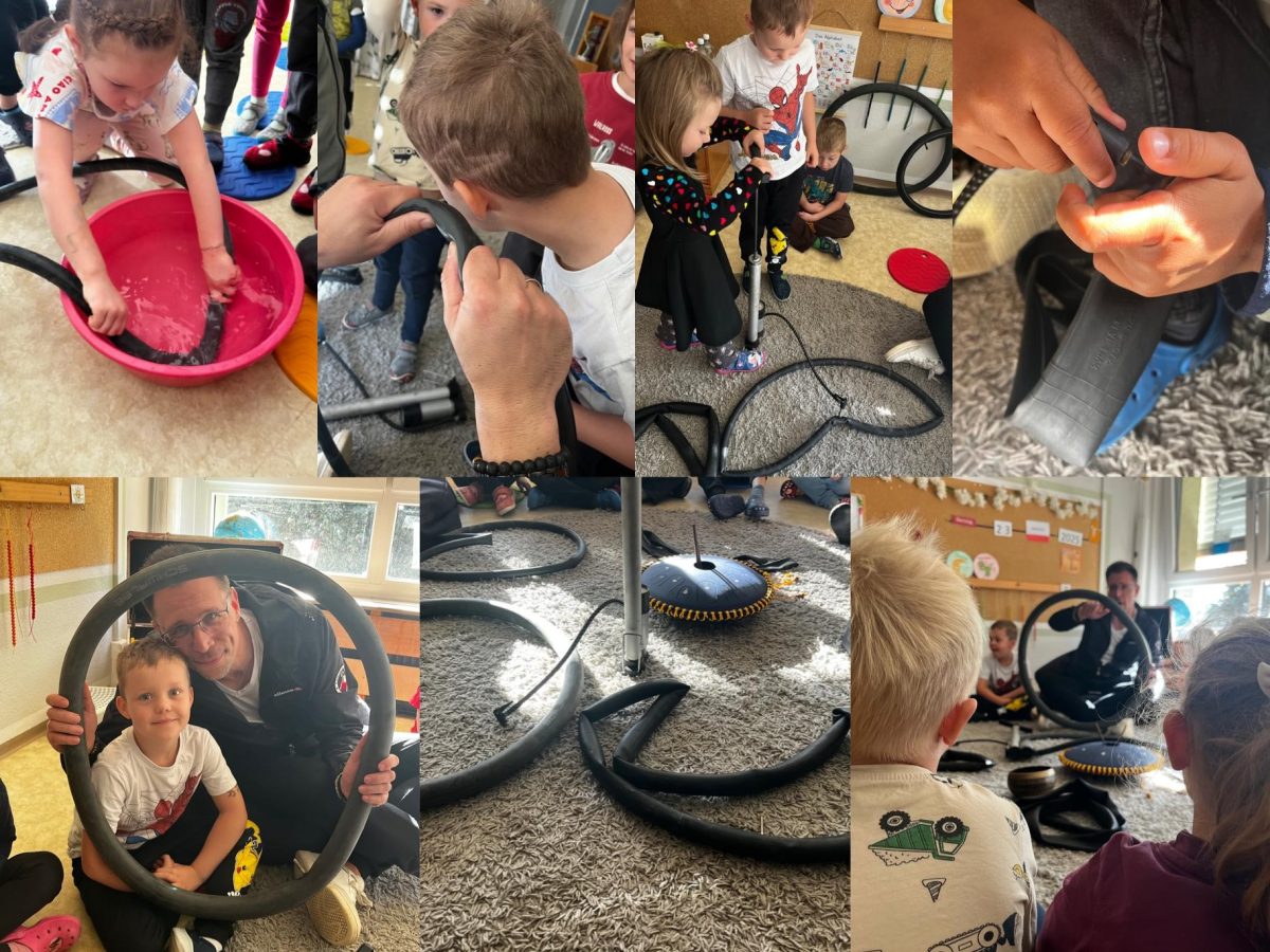 bike-kids-am-schlauch Collage. Kinder basteln unter anleitung an Fahrrad-Schläuchen