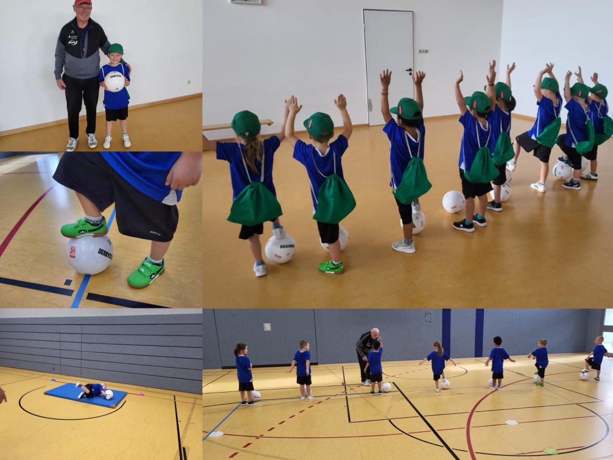 knirpsen-kickers-am-ball Collage. Knirpse sind in einer Turnhalle und üben mit Fußbällen mit ihren Trainer.