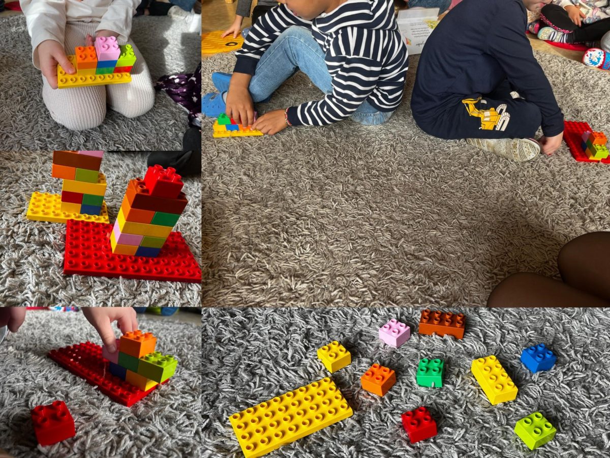sprache-ist-der-schlüssel-zur-welt Collage. Kinder spielen mit bunten Klemmbausteinen und sitzen mit dem Rücken zueinander.