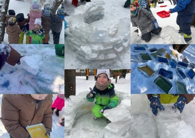 Collage. Kinder bauen ein kleines Iglu im Garten mit Eisblöcken und Schnee.