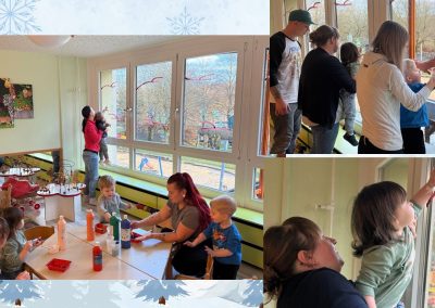 Collage Eltern malen an Fenster mit ihren Kindern.