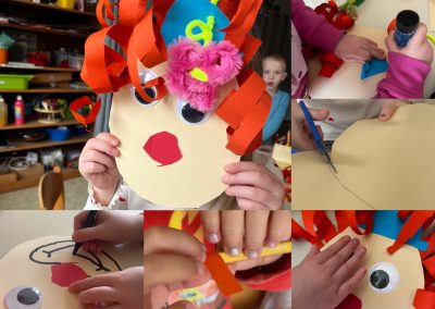 Collage. Kinder basteln ein großes buntes Clownsgesicht aus Papier. Sie schneiden, kleben und malen voller Eifer