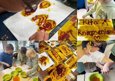 Collage. Rote Häuser, Schriftzüge und Motive erscheinen auf dem Papier. Kinder bemalen das Papier voller Eifer.