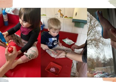 Collage. Kinder bekommen Hände und Füße angemalt und pressen diese dann an die Gruppenraum-Fenster.