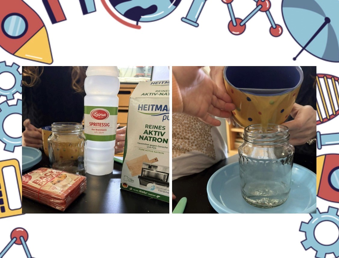 mint-mittwoch-kristalle-züchten Collage. Alle materialien die man zum experimentieren braucht. Außerdem ein Bild bei dem der Essig dazugekippt wird.