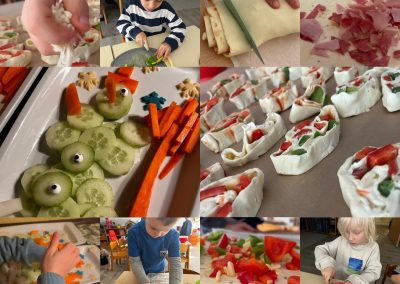Collage. Kinder bereiten Snacks vor. Gestalten Gemüseteller und gesunde Pizzaschnecken.