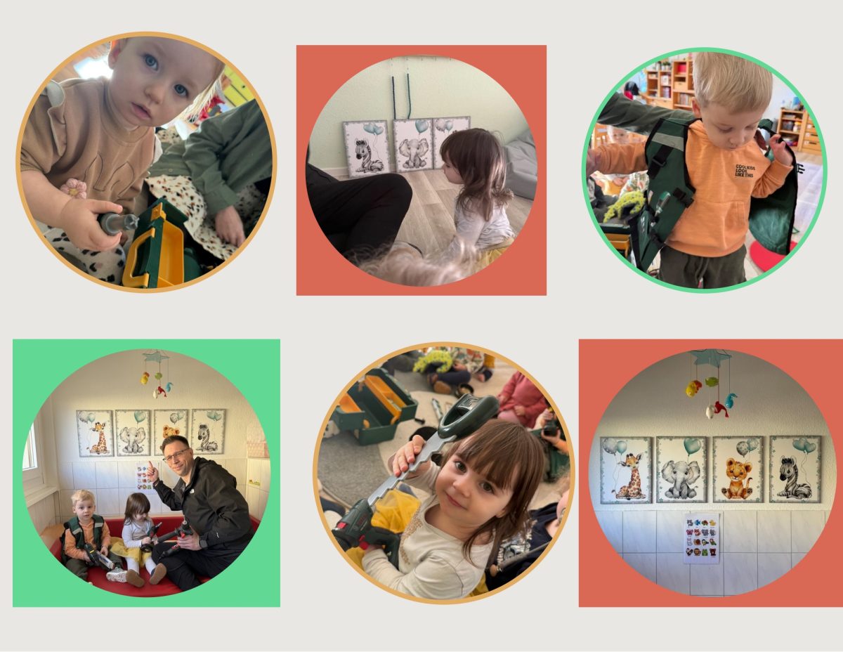 kleine-handwerker-im-knirpsenland Collage. Kinder erkunden einen Spielzeug-Werkzeugkoffer und schauen sich Werkzeuge an. Vier Bilder von Cartoon Tieren hängen erfolgreich an der Wand.