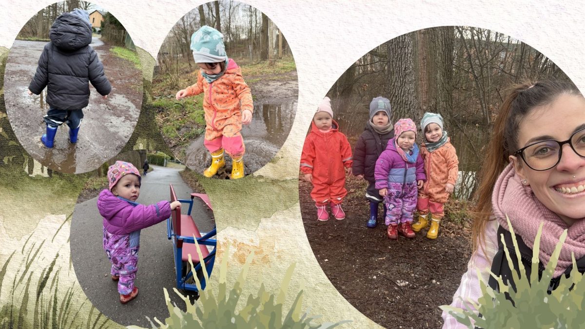 Sage Green Nature Vintage Group Project Presentation – 1 Collage. Kinder erkunden bei einem Spaziergang die Natur