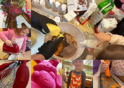 Collage. Kinder backen Kuchen. Schütten milch in Schüssel im Hintergrund stehen Backzutaten