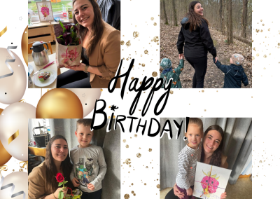 Collage. Julia bekommt ihre tollen geburtstagsgeschenke und geht mit den Kindern spazieren.