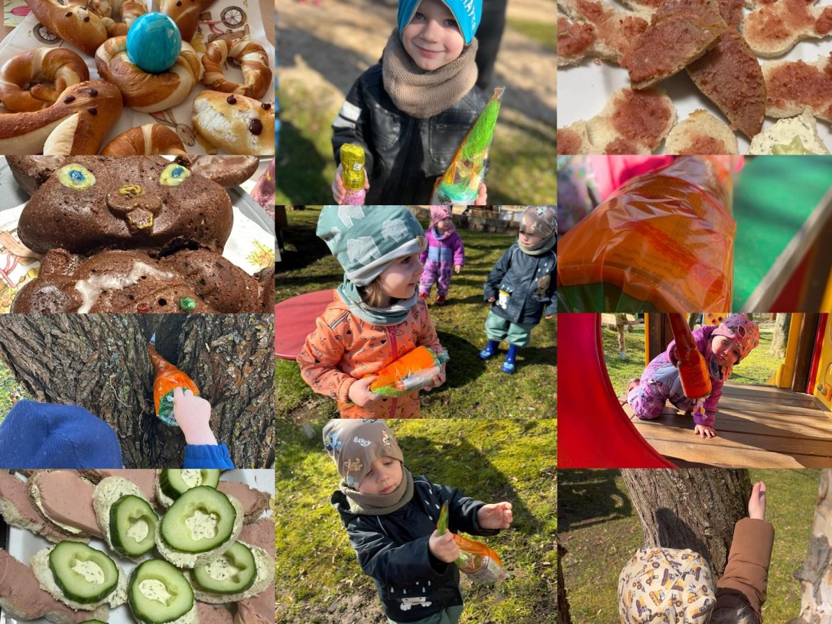 ostern-im-knirpsenland Collage. Verschiedenes Osteressen, Kinder mit Osternest