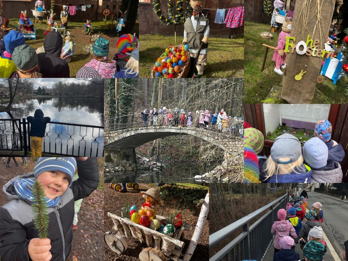 Collage. Kinder betrachten die Osterhasenfamilie und erkunden ganz nebenbei unsere Stadt Lichtenstein.
