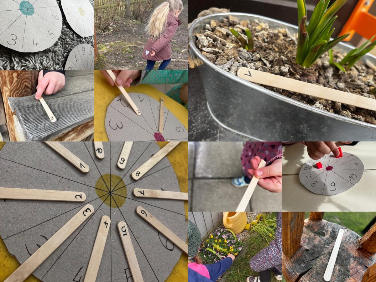 zahlenjagd-der-fuchsgruppe Collage. Holzstäbchen mit Zahlen und versteckte Stäbchen im Garten
