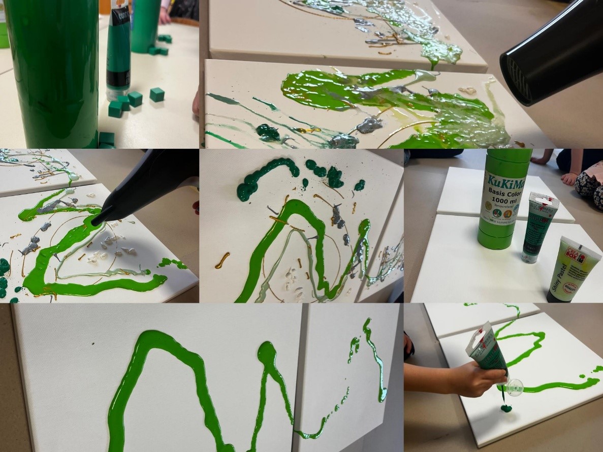 Collage. Grüne Farbe, die auf einer Leinwand, mit einem Föhn verteilt wird.