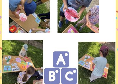 Collage. Kinder suchen in unserem Garten nach den Materialien die wir zum Morgenkreis benötigen