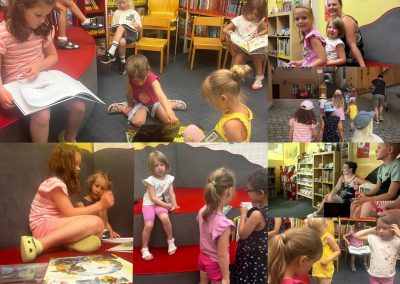 Collage. Kinder schauen sich in der Bibliothek Bücher an und spielen miteinander.