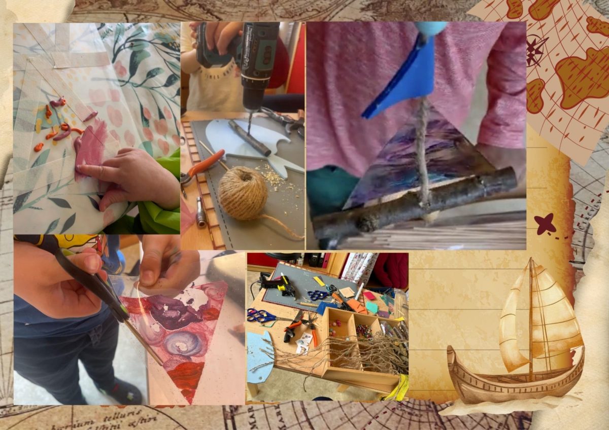 knirpse-basteln-piratensegel Collage. Kinder basteln mit kleine Piratenschiffe und gestalten bunte Piratensegel.