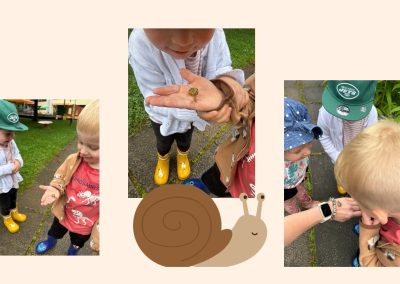Collage. Kinder betrachten Schnecken im Garten.