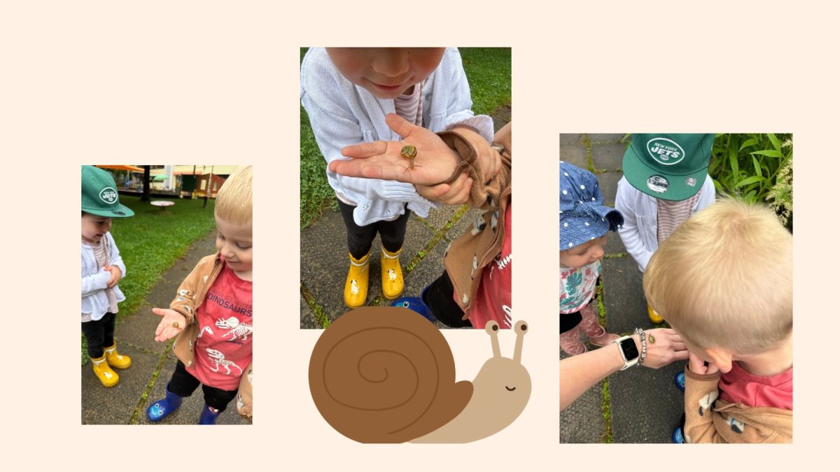pfützenspaß-statt-regenpause Collage. Kinder betrachten Schnecken im Garten.