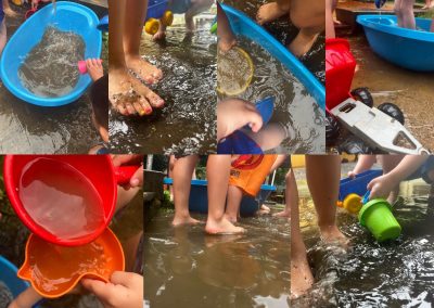 Collage. Kinder schöpfen Regenwasser und spielen im Garten