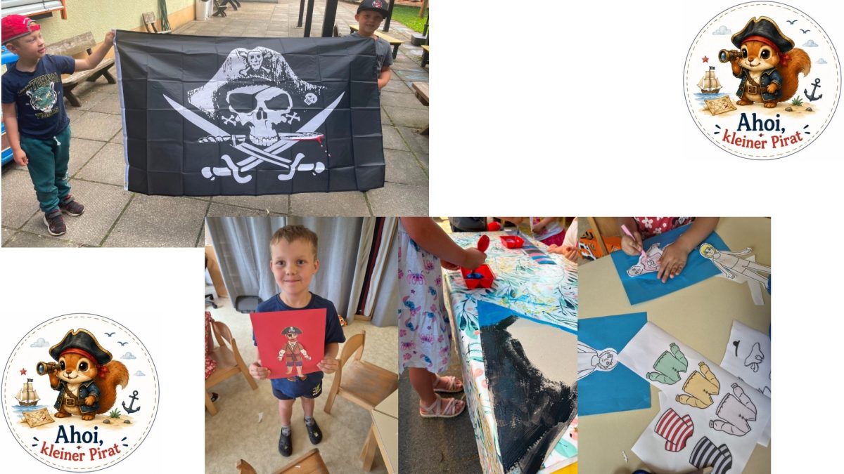 Collage-Kinder basteln und halten eine Piratenflagge hoch