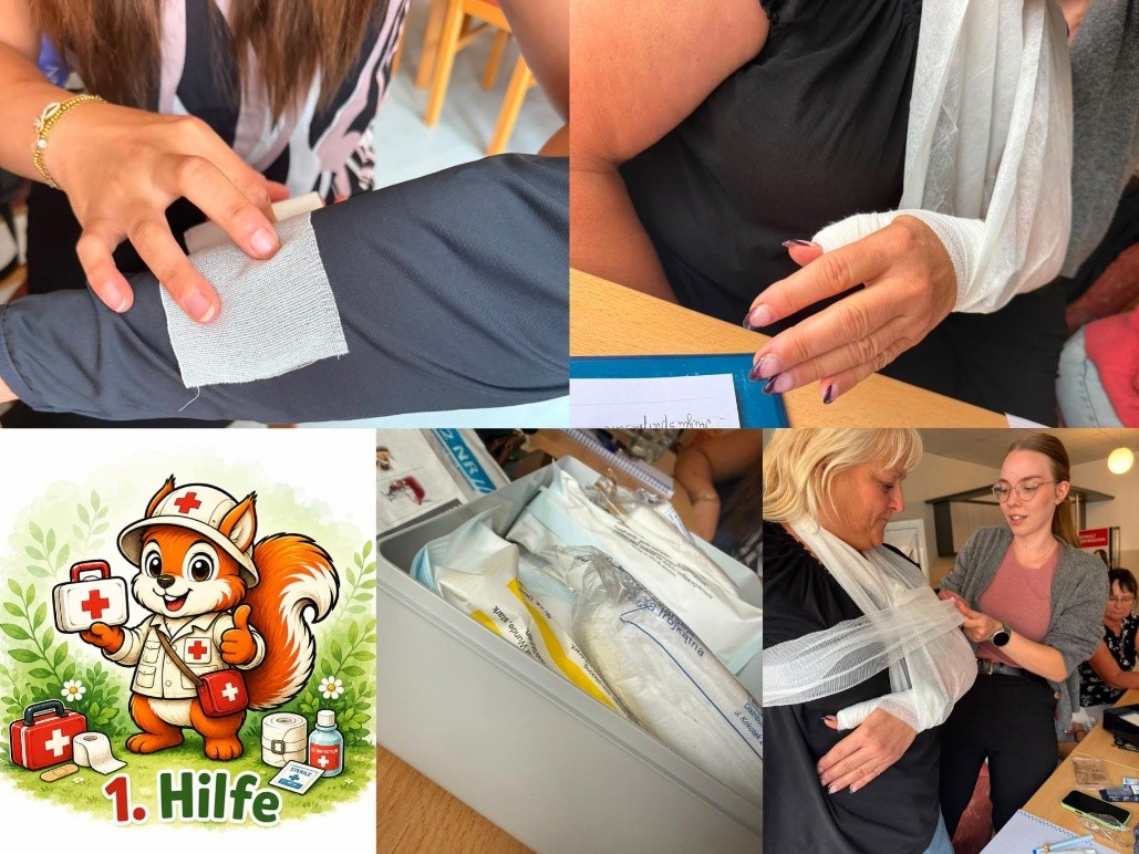 Collage. erzieher üben Verbände in verschiedenen arten anzulegen
