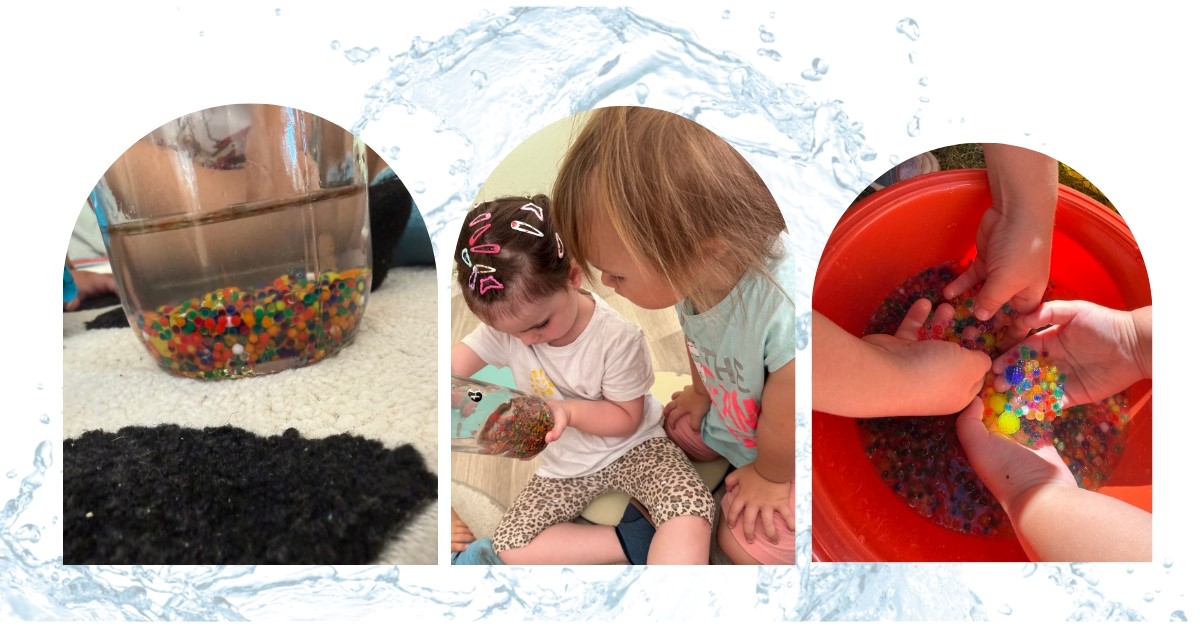 wasserperlen Collage. Bunte Wasserperlen in einem Glas gefüllt mit Wasser. Kinder halten Perlen in den Händen.