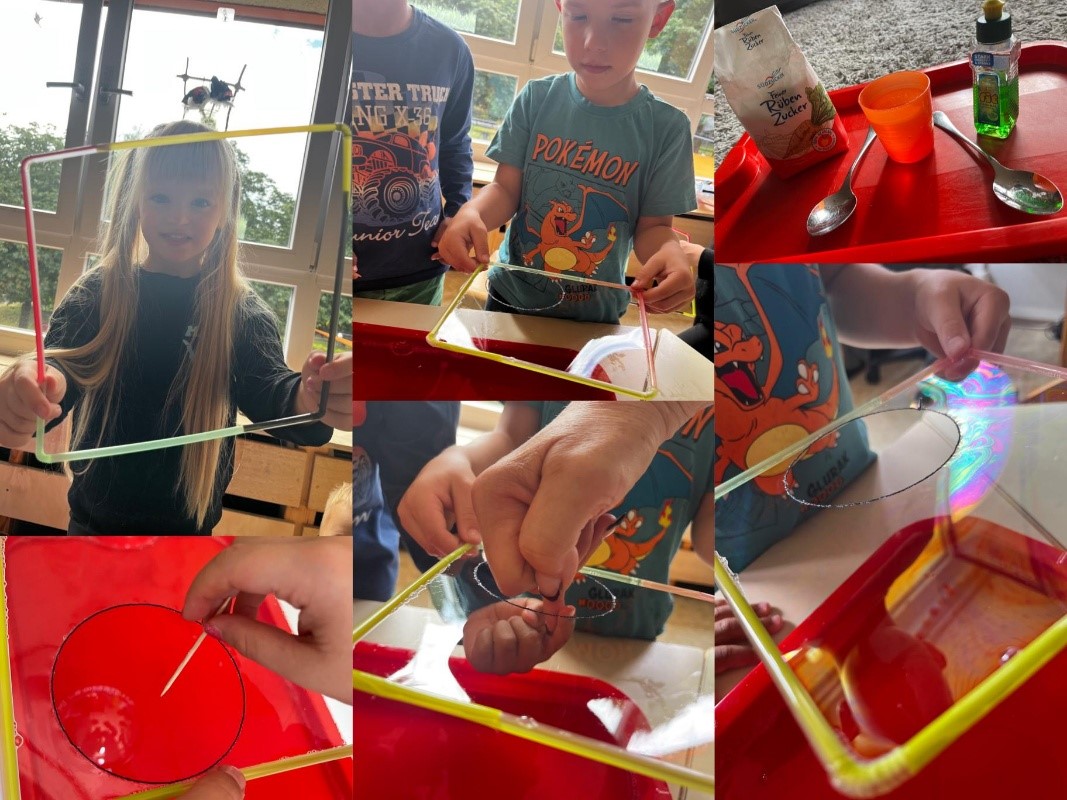 magischer-kreis-aus-seifenhaut Collage Kinder erschaffen Seifenblasen mit Löchern